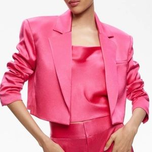 Alice + Olivia Shan Boxy Cropped Satin Blazer Candy